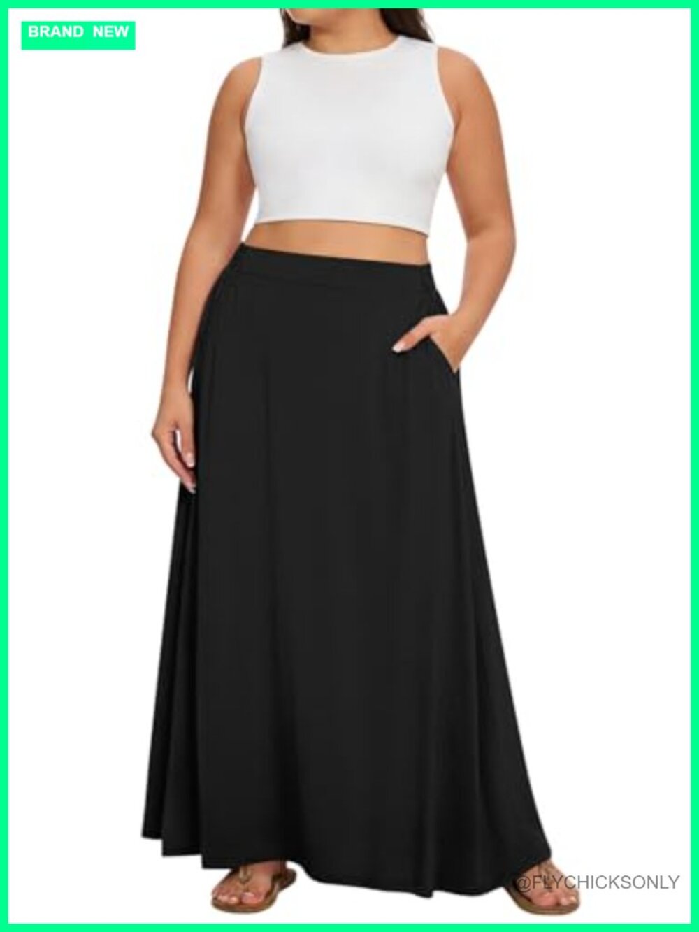 Plus Size Maxi Skirt A-Line Flowy High Waist Pockets Rayon Spandex